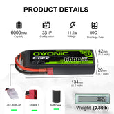 OVONIC 3S Lipo-Akku, 6000 mAh, 3S1P, 80C, 11,1 V, RC-Lipo-Akku mit Deans-T-Stecker für RC-Fahrzeuge im Maßstab 1/8, 1/10, Autos, LKWs, Boote